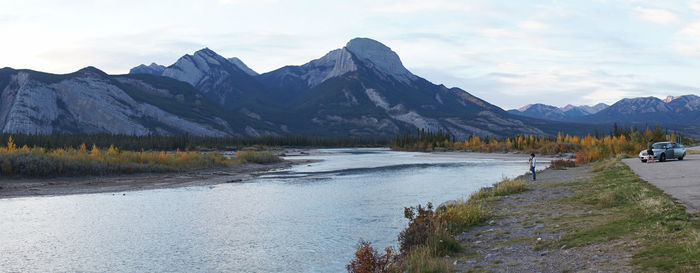 Scenic view of lake and mountains against sky