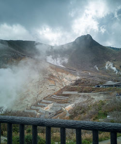 Scenic view of mountain range against cloudy sky