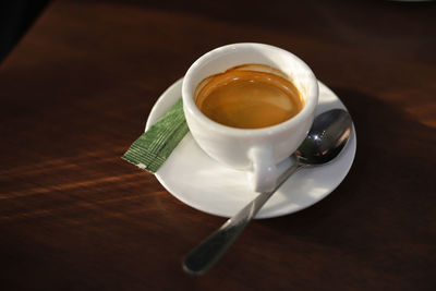 High angle view of coffee cup on table