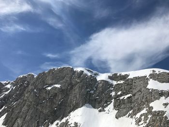 Low angle view of snowcapped mountains against sky