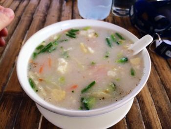 Close-up of soup in bowl on table