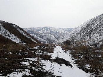 Scenic view of mountains against clear sky during winter