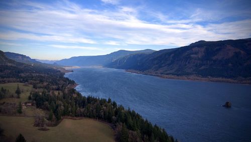 High angle view of river and mountains