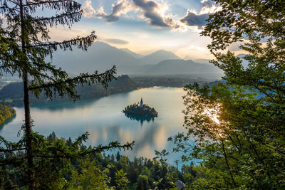 Scenic view of lake by trees against sky