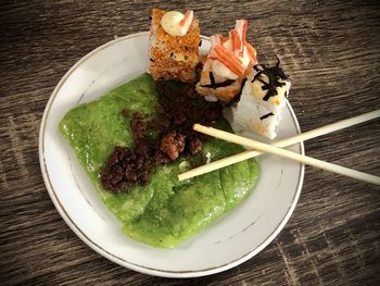 High angle view of food in plate on table