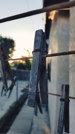 Close-up of railing against water
