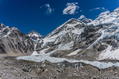 Scenic view of snowcapped mountains against blue sky