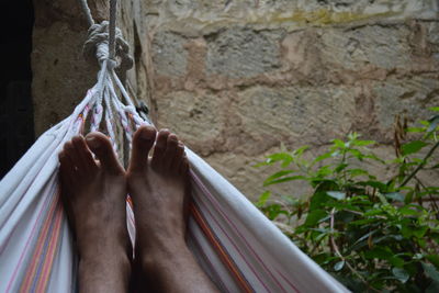 Low section of man relaxing in hammock