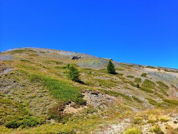 Low angle view of land against clear blue sky