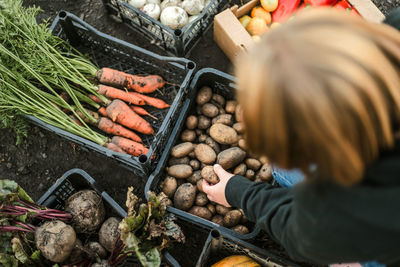 High angle view of vegetables for sale at market stall