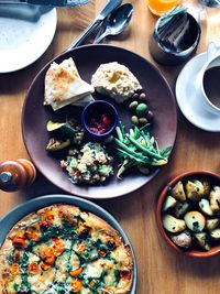 High angle view of breakfast served on table