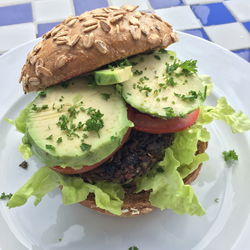 High angle view of burger served in plate