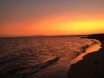 Scenic view of sea against orange sky