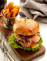 Close-up of burger in plate on table