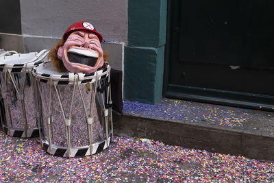 Gerbergaesslein, basel, switzerland - march 12th, 2019. close-up of a colorful mask and snare drums