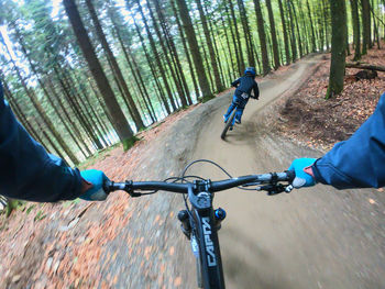 People riding bicycle in forest