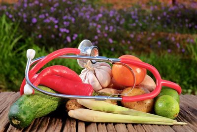 Close-up of fruits in basket on table