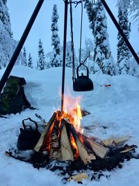 Typical finnish breakfast and tea around the bonfire near the hunting cabin.