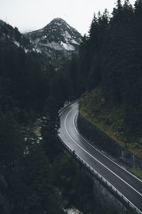 Empty road amidst trees and mountains in forest