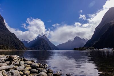 Panoramic view of lake by mountains against sky