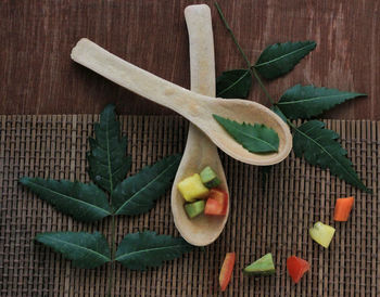 High angle view of fruits and leaves on table