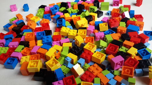 High angle view of toys on table