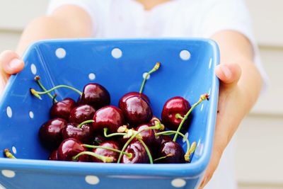 Midsection of woman holding bowl with cherries