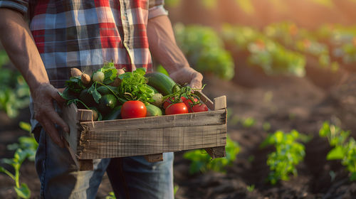 Midsection of man holding fruits