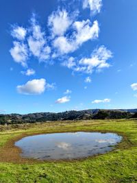 Scenic view of lake against blue sky