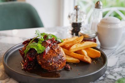 Close-up of food served on table