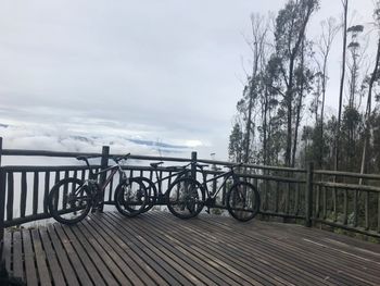 Bicycles parked by railing against sky