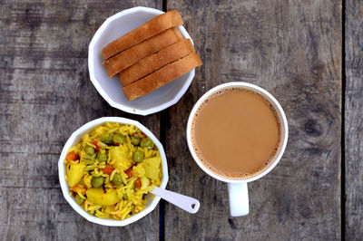 High angle view of breakfast served on table