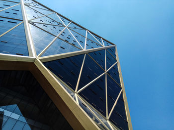 Low angle view of modern building against clear blue sky