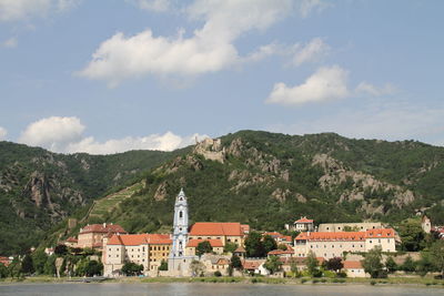 Town by buildings against sky