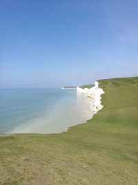 Scenic view of sea against clear blue sky