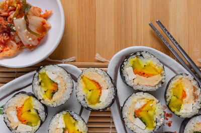 High angle view of sushi served on table