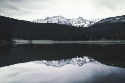 Scenic view of lake and snowcapped mountains against sky