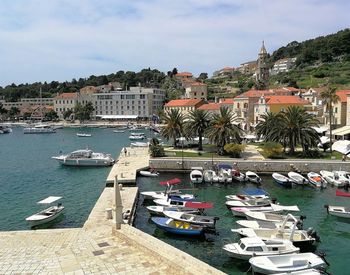 Boats moored at harbor in city