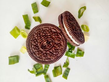 High angle view of dessert on table