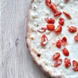 High angle view of pizza on table