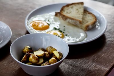 High angle view of breakfast served on table