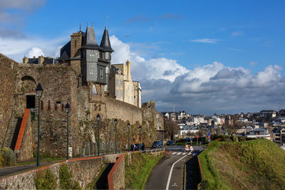 Buildings in town against sky