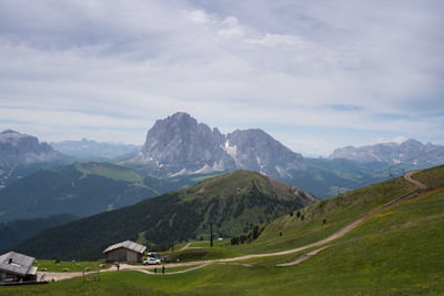 Green grass hills in seceda at the dolomites