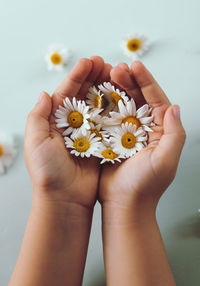 A child holds flowers in hand