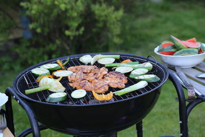 Close-up of food on barbecue grill in yard