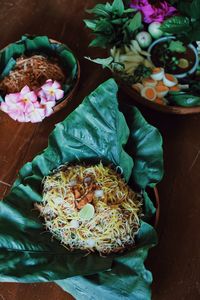 High angle view of various flowers on table