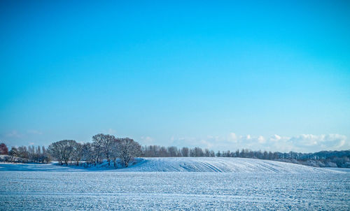 Scenic view of snow covered land against blue sky