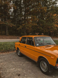 Vintage  mustard car parked near the road with trees in the background