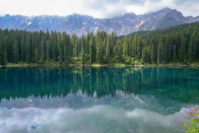 Scenic view of lake by mountains against sky