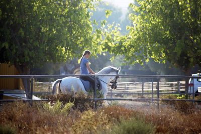Side view of woman riding horse in ranch